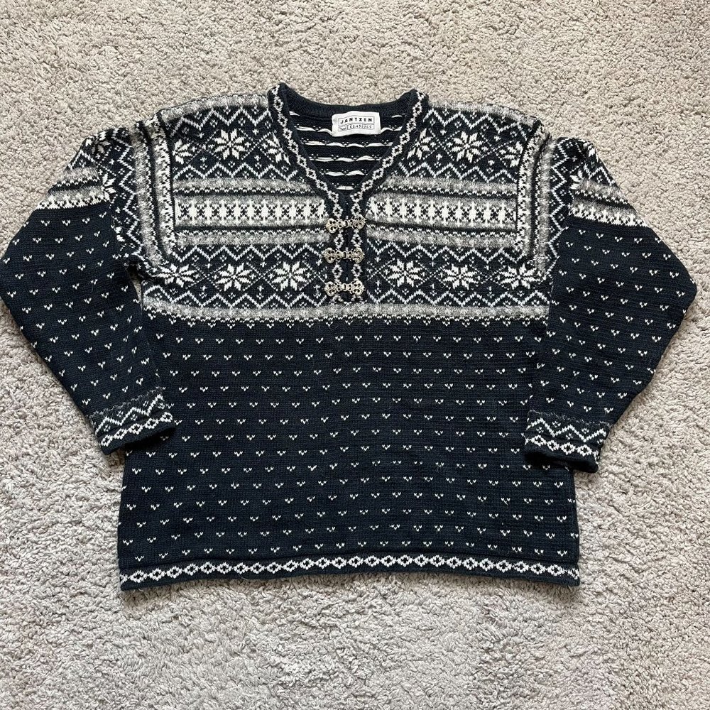 Vintage Jantzen Sweater Black White Fair Isle Metal Clasps Size L?